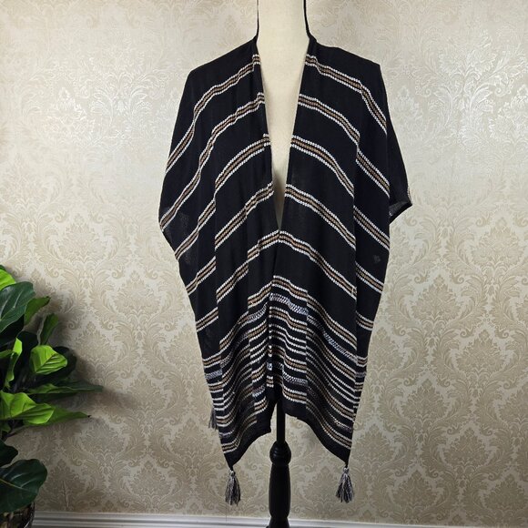 Ruana Black White Tan Stripes Pompoms at Four Corners One Size Cotton Blend - Picture 1 of 10